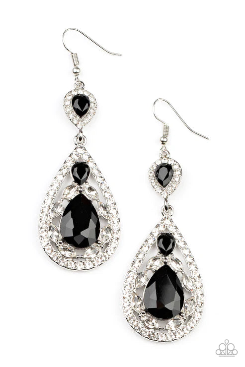 Posh Pagentry - Black Gem White Rhinestone Silver Fishhook Earrings - Life of the Party Exclusive