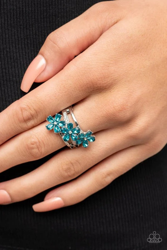 Posh Petals - Blue Rhinestone Triple Flower Silver Ring