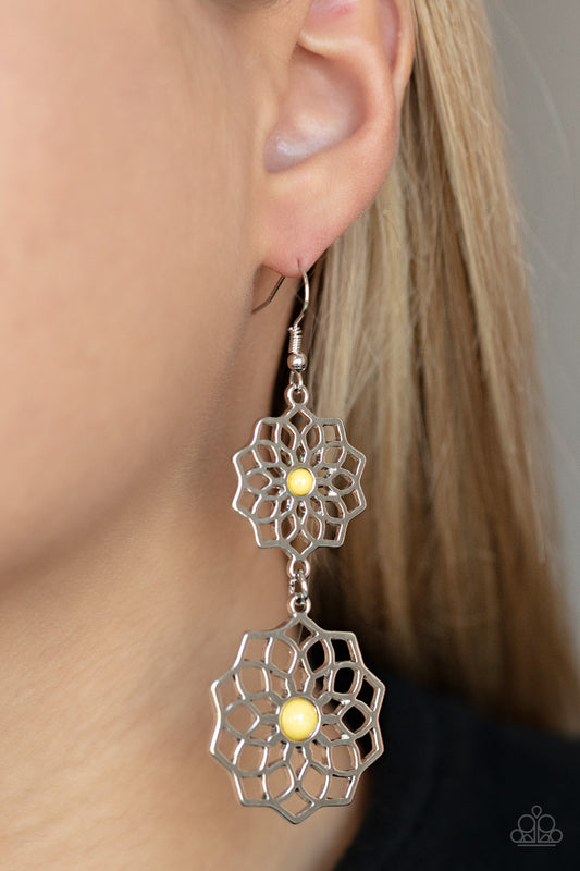 Posh Posy - Yellow Bead Silver Floral Fishhook Earrings