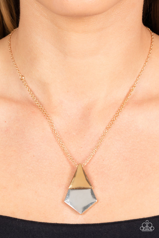 Posh Pyramid - Gold and Silver Kite-shaped Short Necklace