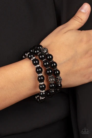 Poshly Packing - Black Bead White and Hematite Rhinestone Stretchy Bracelet Set