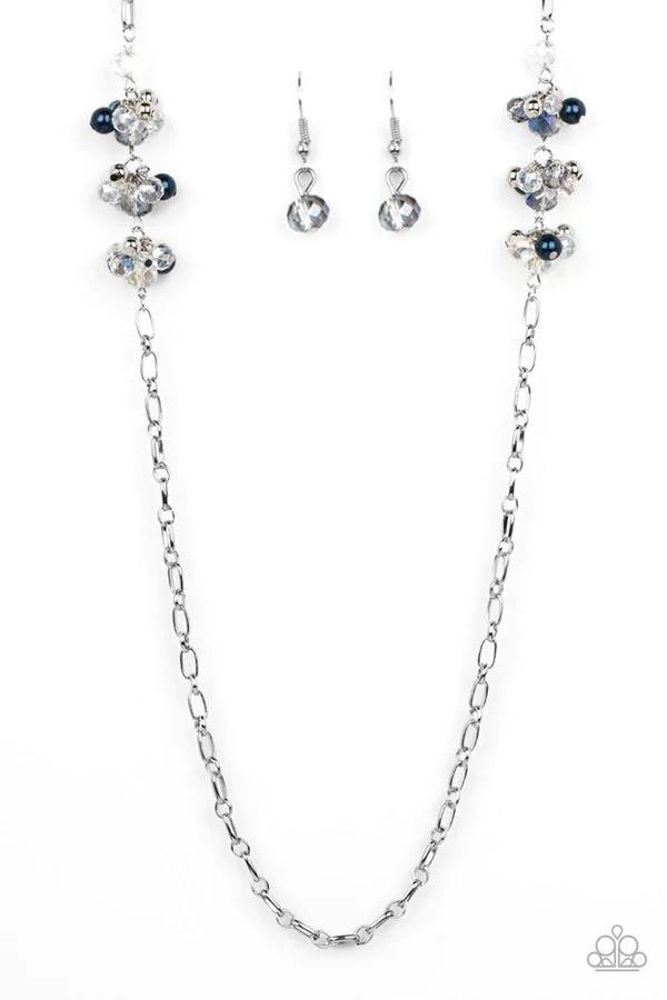 Poshly Parisian - Blue Pearl and Iridescent Crystal Bead Cluster Silver Necklace