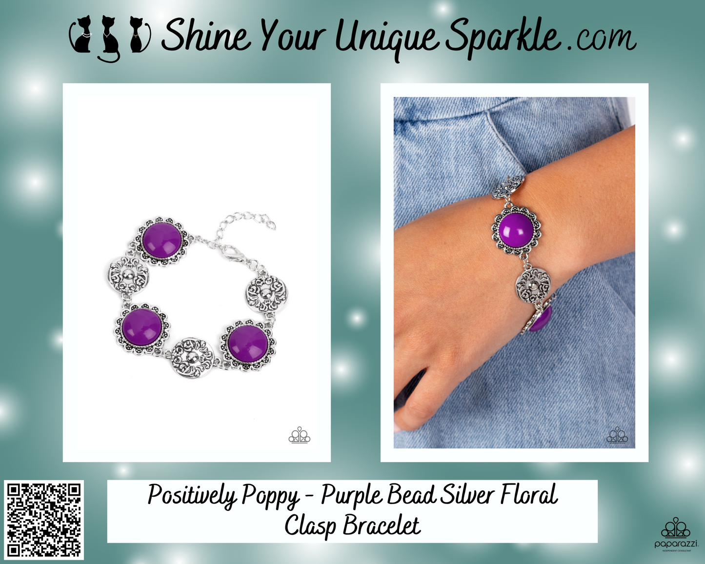 Positively Poppy - Purple Bead Silver Floral Clasp Bracelet