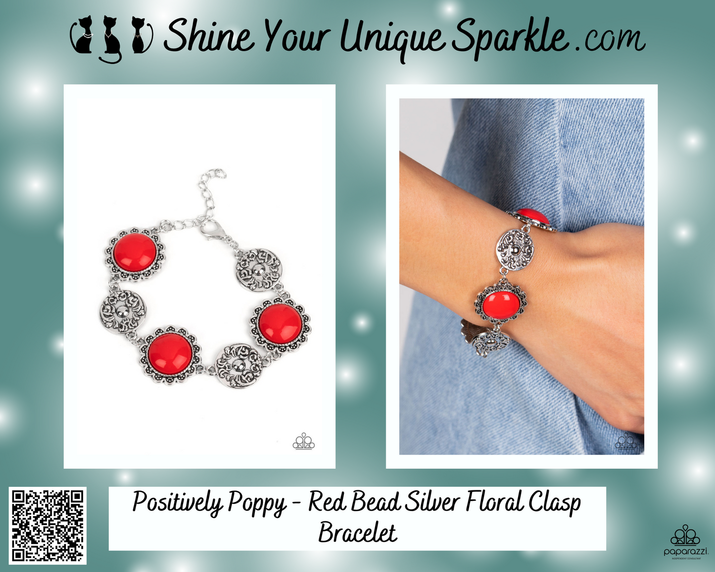 Positively Poppy - Red Bead Silver Floral Clasp Bracelet