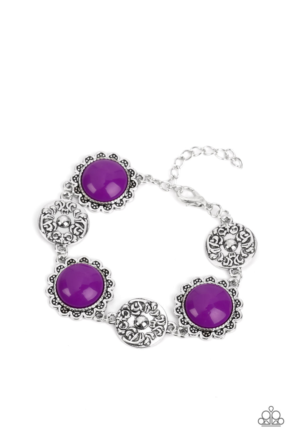 PERFECT MATCH / SET: Poppy Persuasion - Purple Bead Silver Floral Short Neckace AND Positively Poppy - Purple Bead Silver Floral Clasp Bracelet