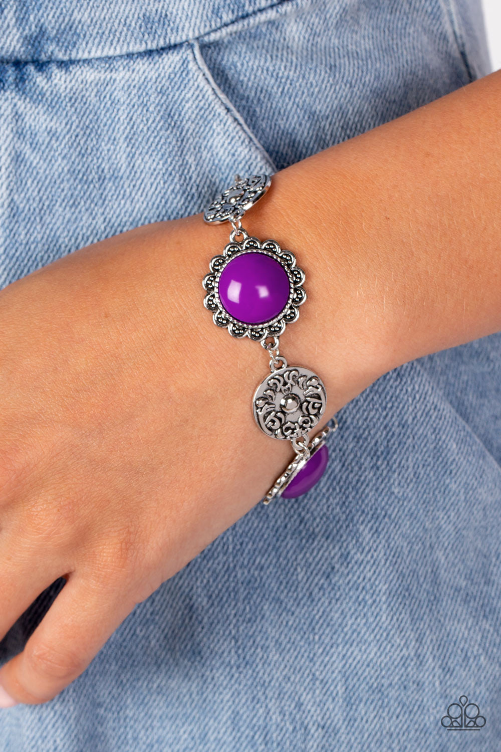 PERFECT MATCH / SET: Poppy Persuasion - Purple Bead Silver Floral Short Neckace AND Positively Poppy - Purple Bead Silver Floral Clasp Bracelet