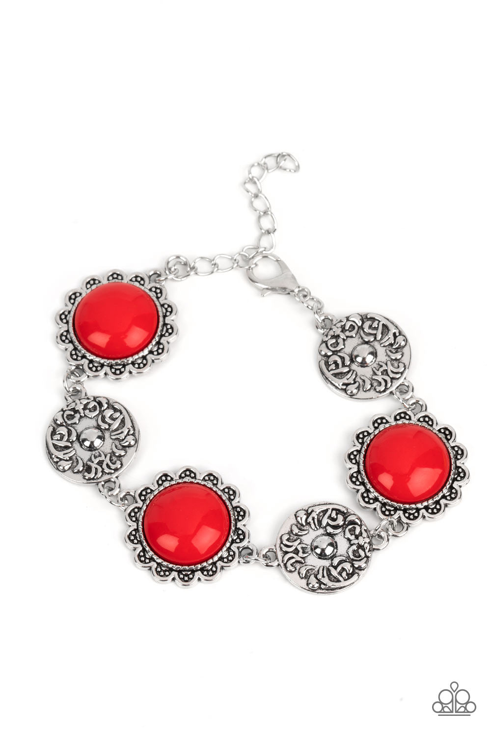 Positively Poppy - Red Bead Silver Floral Clasp Bracelet