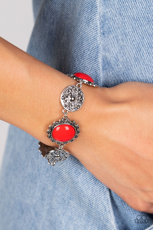 Positively Poppy - Red Bead Silver Floral Clasp Bracelet