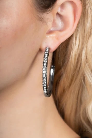 Powerhouse Precision - Black Gunmetal White Rhinestone Hoop Post Earrings