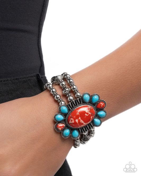 Prairie Protection - Red Crackle and Turquoise Stone Silver Bead Stretchy Bracelet