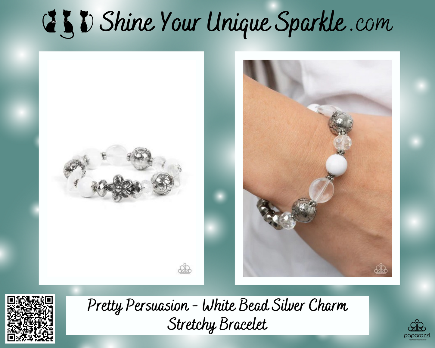 Pretty Persuasion - White Bead Silver Charm Stretchy Bracelet