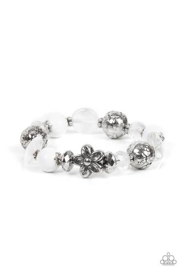 Pretty Persuasion - White Bead Silver Charm Stretchy Bracelet