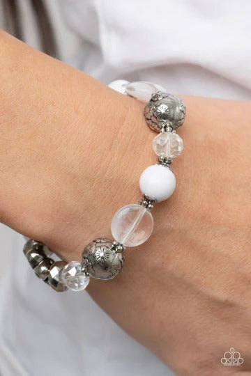 Pretty Persuasion - White Bead Silver Charm Stretchy Bracelet