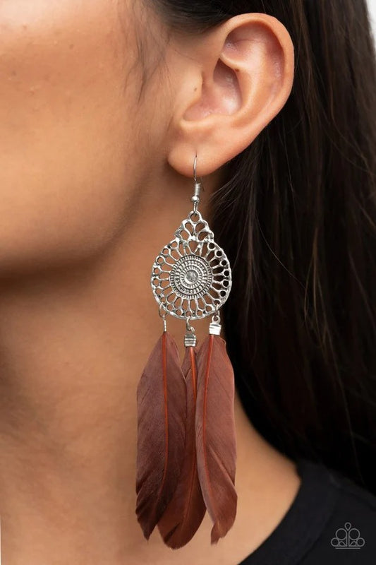 Pretty in PLUMES - Brown Feather Silver Fishhook Earrings