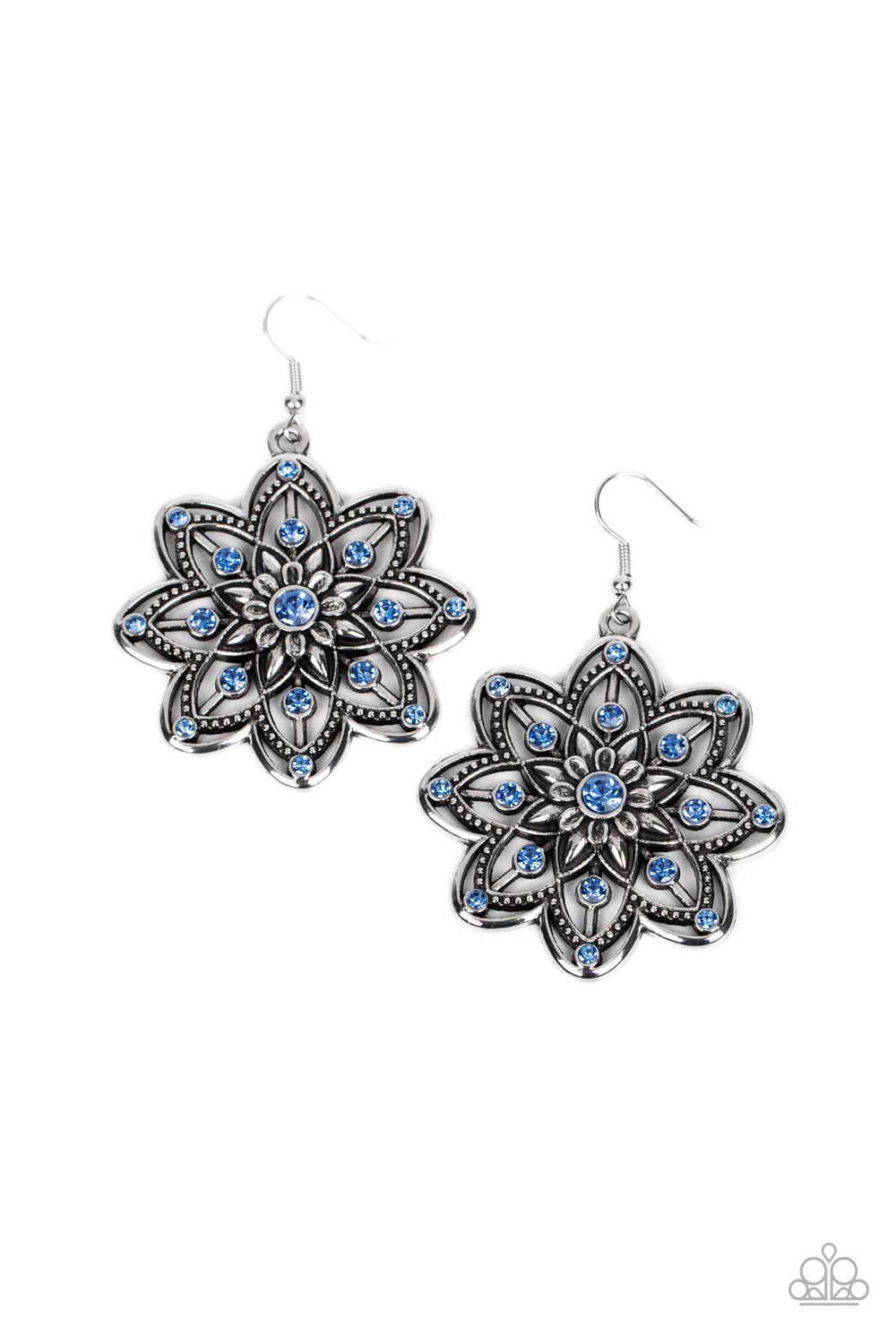 Prismatic Perennial - Blue Rhinestone Silver Floral Fishhook Earrings