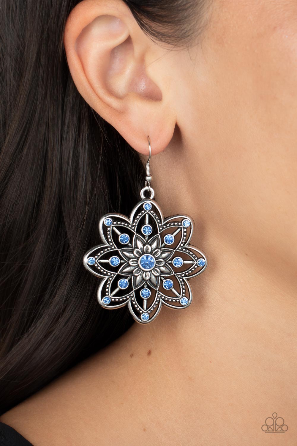 Prismatic Perennial - Blue Rhinestone Silver Floral Fishhook Earrings