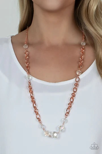 Prismatic Pick-Me-Up - Copper Chain Iridescent Crystal Bead Long Neckalce