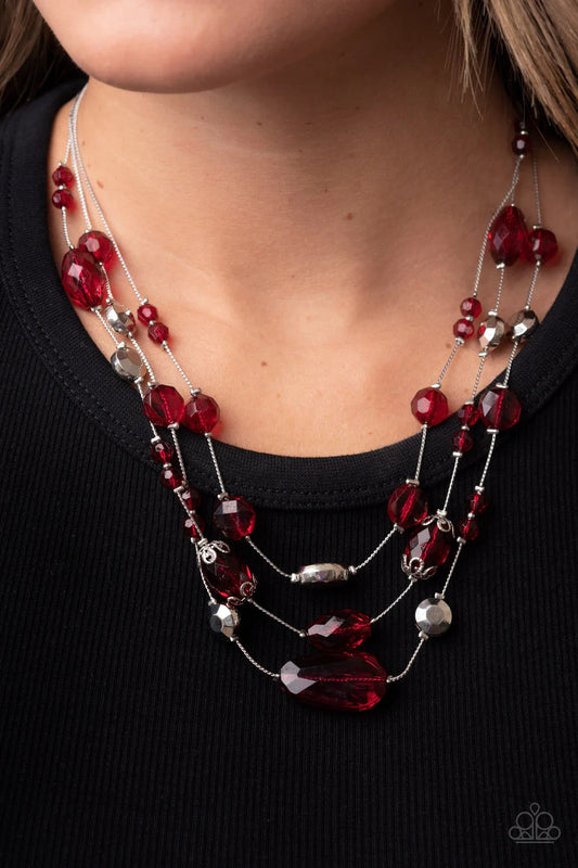 Prismatic Pose - Red Bead Silver Short Layered Necklace