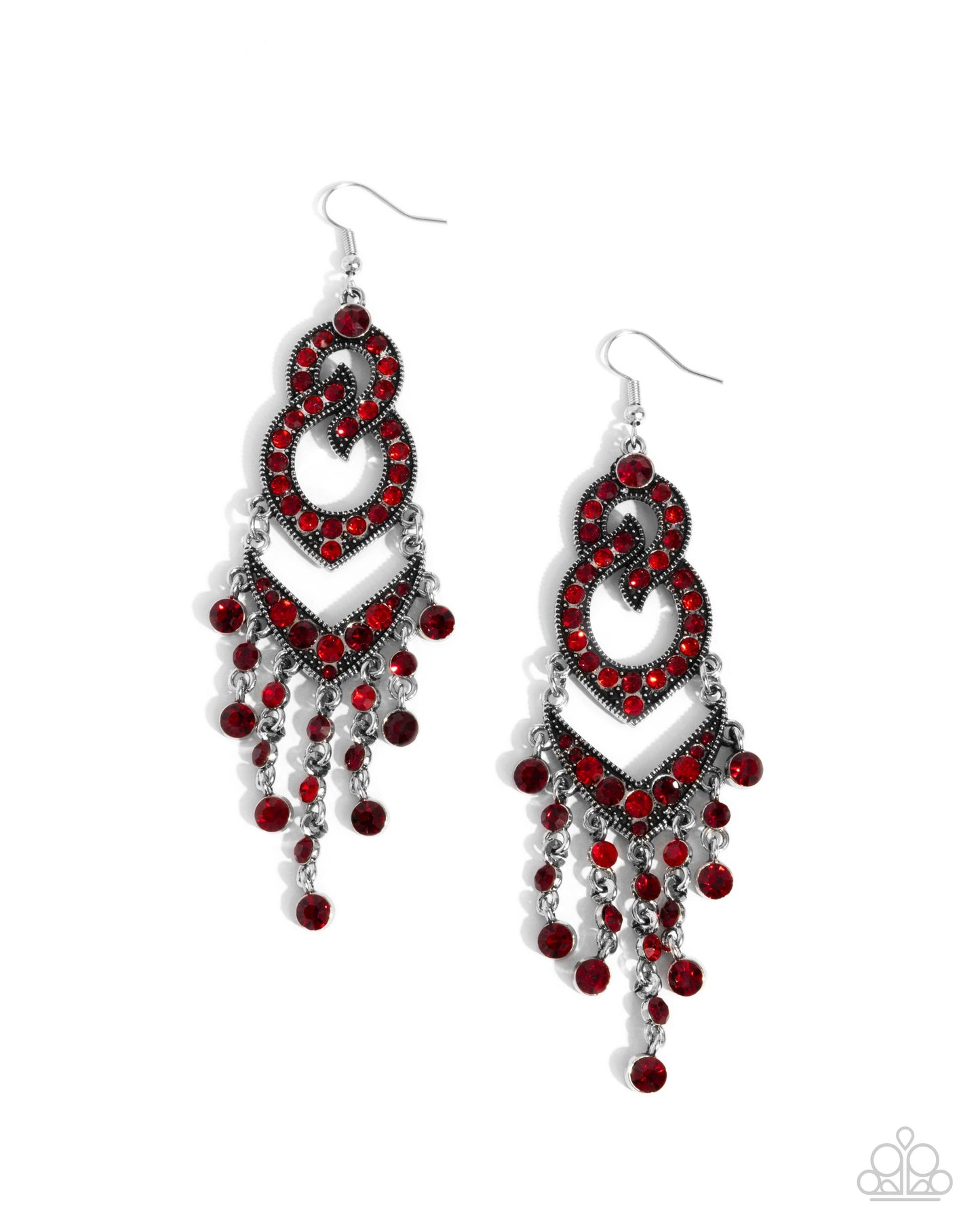 Pristine Precipitation - Red Rhinestone Silver Frame Fishhook Earrings