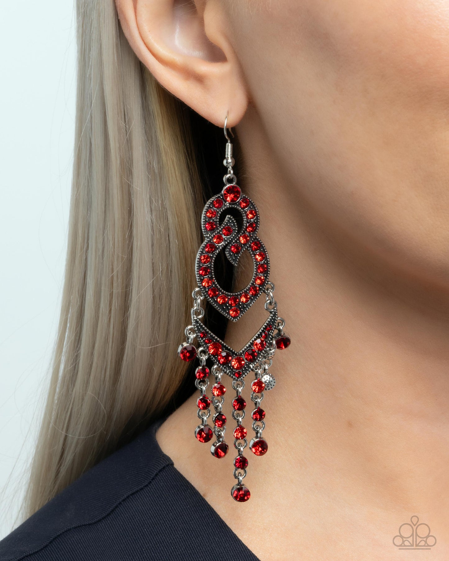 Pristine Precipitation - Red Rhinestone Silver Frame Fishhook Earrings