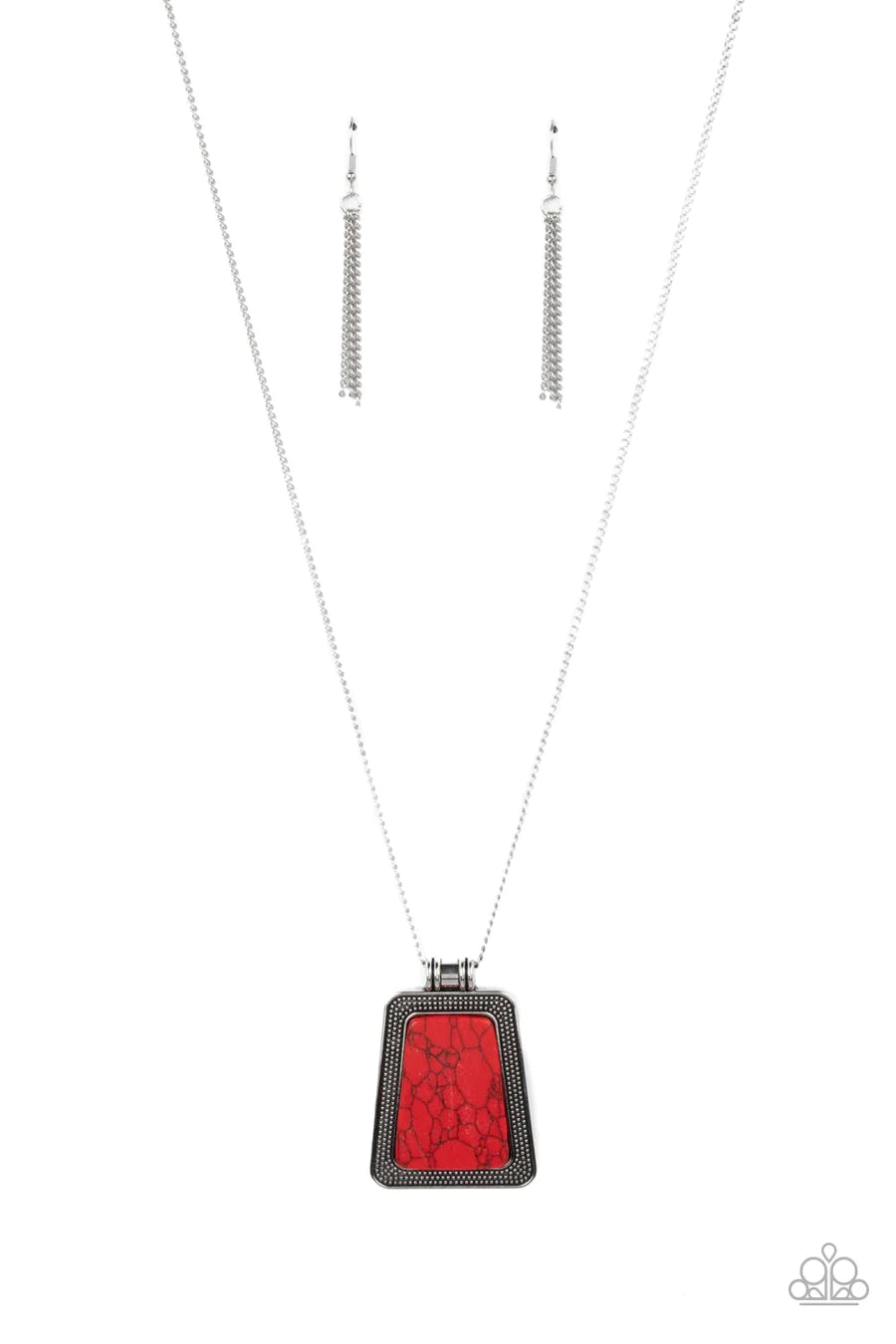 Private Plateau - Red Crackle Stone Silver Pendant Long Necklace