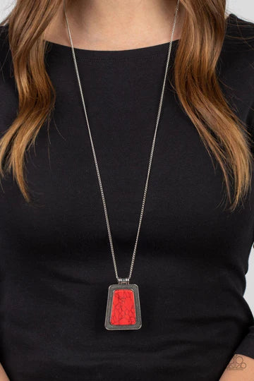 Private Plateau - Red Crackle Stone Silver Pendant Long Necklace