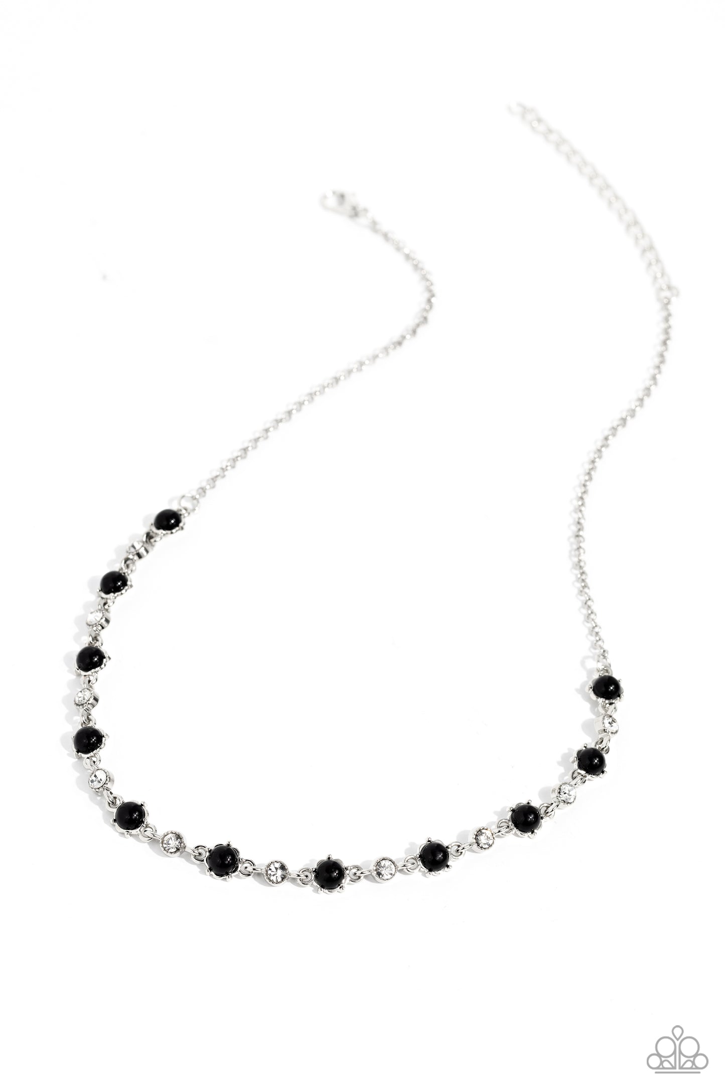 Pronged Passion - Black Bead White Gem Silver Short Necklace