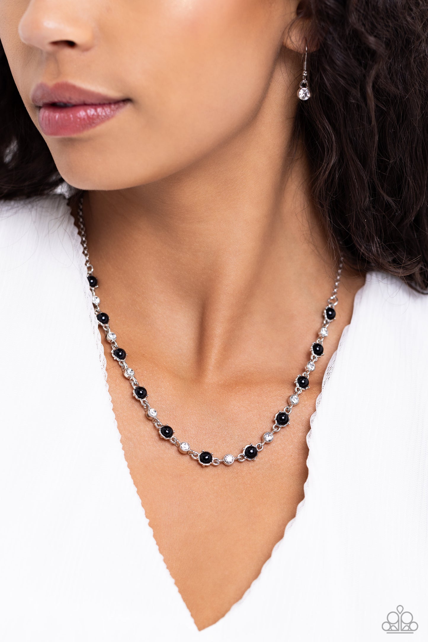 Pronged Passion - Black Bead White Gem Silver Short Necklace