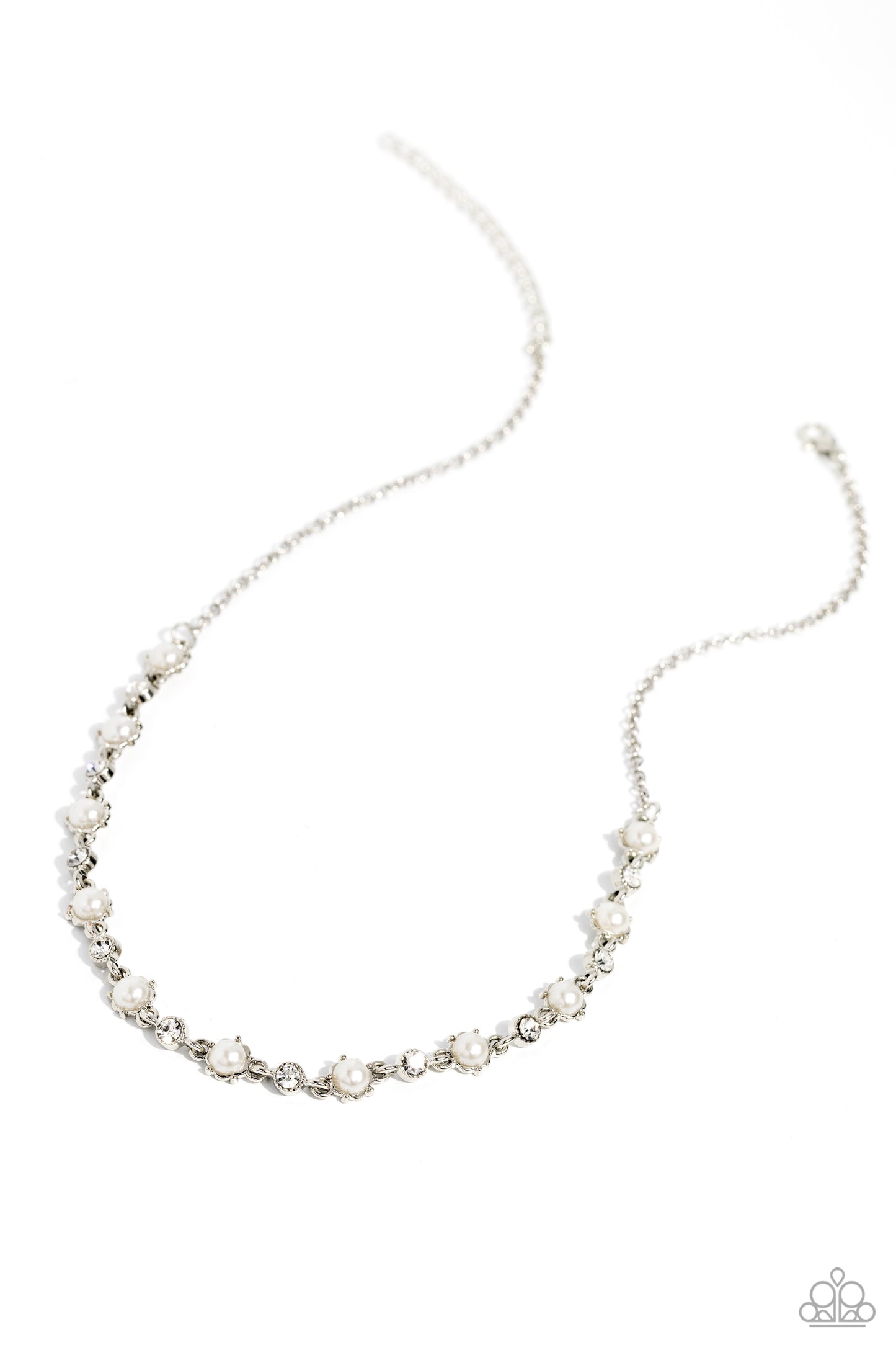 PERFECT MATCH / SET: Pronged Passion - White Pearl Rhinestone Silver Short Necklace AND Particularly Pronged - White Pearl Rhinestone Silver Clasp Bracelet