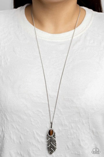 Pure QUILL-Power - Brown Cat's Eye Silver Feather Long Necklace