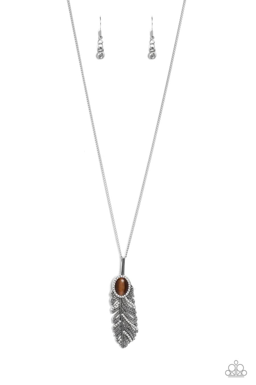 Pure QUILL-Power - Brown Cat's Eye Silver Feather Long Necklace