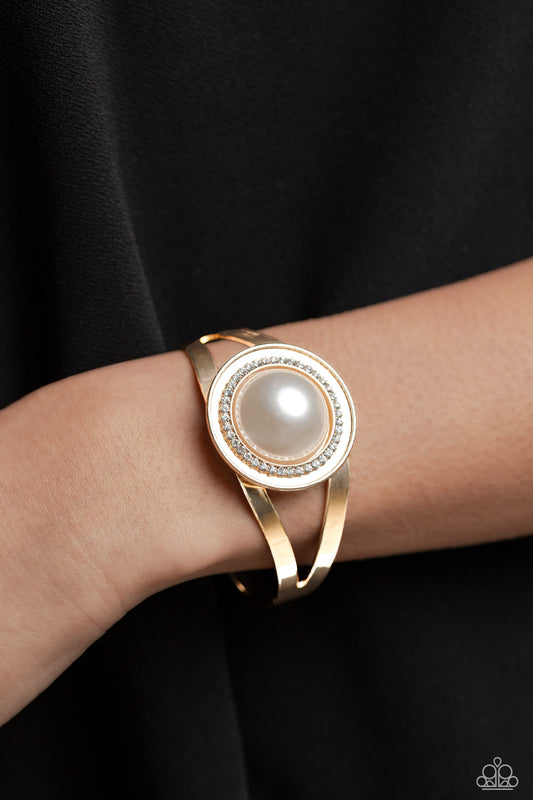 Put On The GLITZ - Gold White Pearl Cuff Bracelet