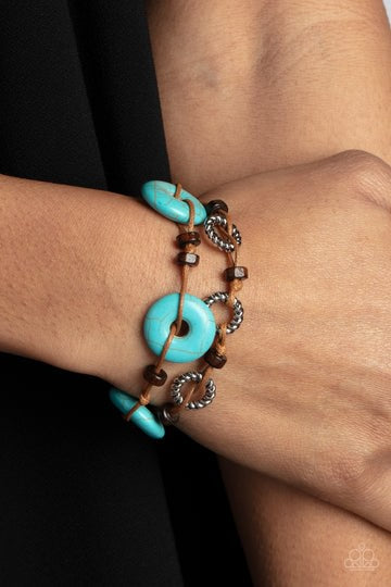 Quarry Quandary - Blue Turquoise Silver and Wooden Bead Slide Bracelet