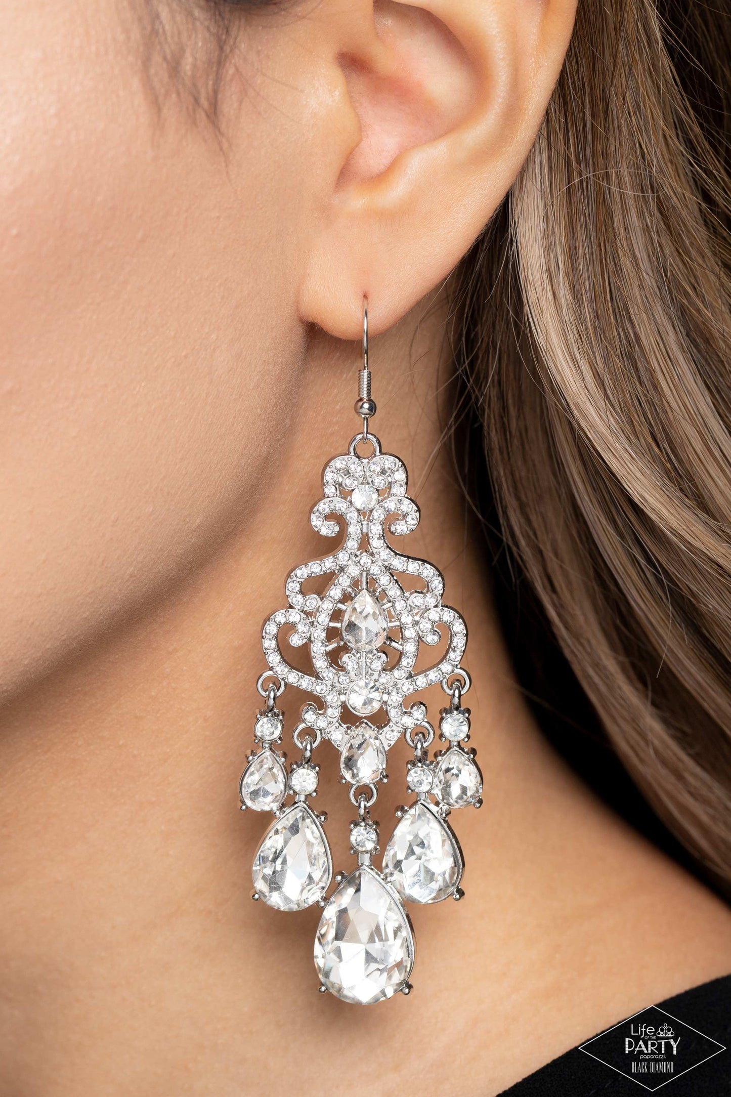 Queen Of All Things Sparkly - White Gem Rhinestone Silver Earrings - Life of the Party Black Diamond Exclusive