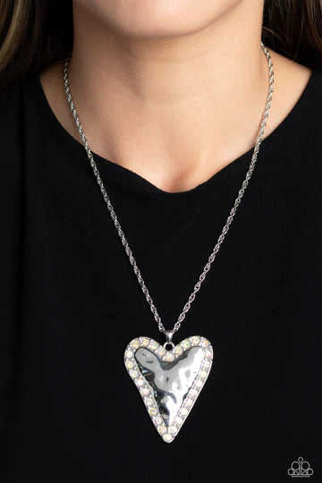 Radiant Romeo - Multi Iridescent Rhinestone Silver Heart Medium Length Necklace