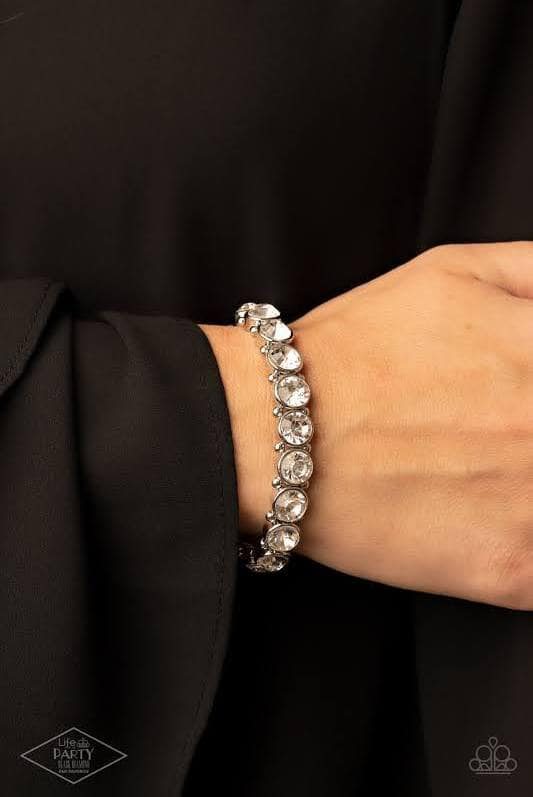 Radiant on Repeat - White Opalescent Rhinestone Silver Stretchy Bracelet - Life of the Party