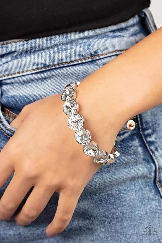 Radiant on Repeat - White Opalescent Rhinestone Silver Stretchy Bracelet - Life of the Party