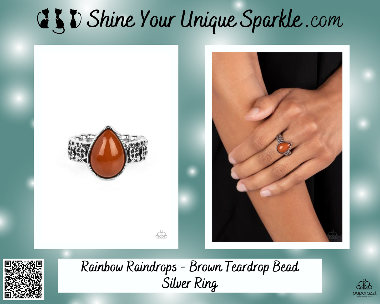 Rainbow Raindrops - Brown Teardrop Bead Silver Ring