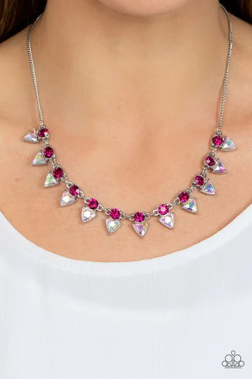 Razor-Sharp Refinement - Pink and Iridescent Gem Silver Short Necklace
