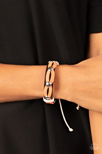 Ready to Ride - Orange and Brown Leather Silver Accent Slide Bracelet