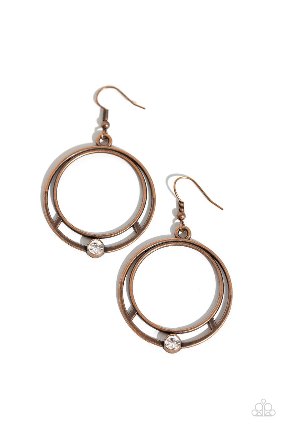 Refined Rotation - Copper Circle White Rhinestone Fishhook Earrings