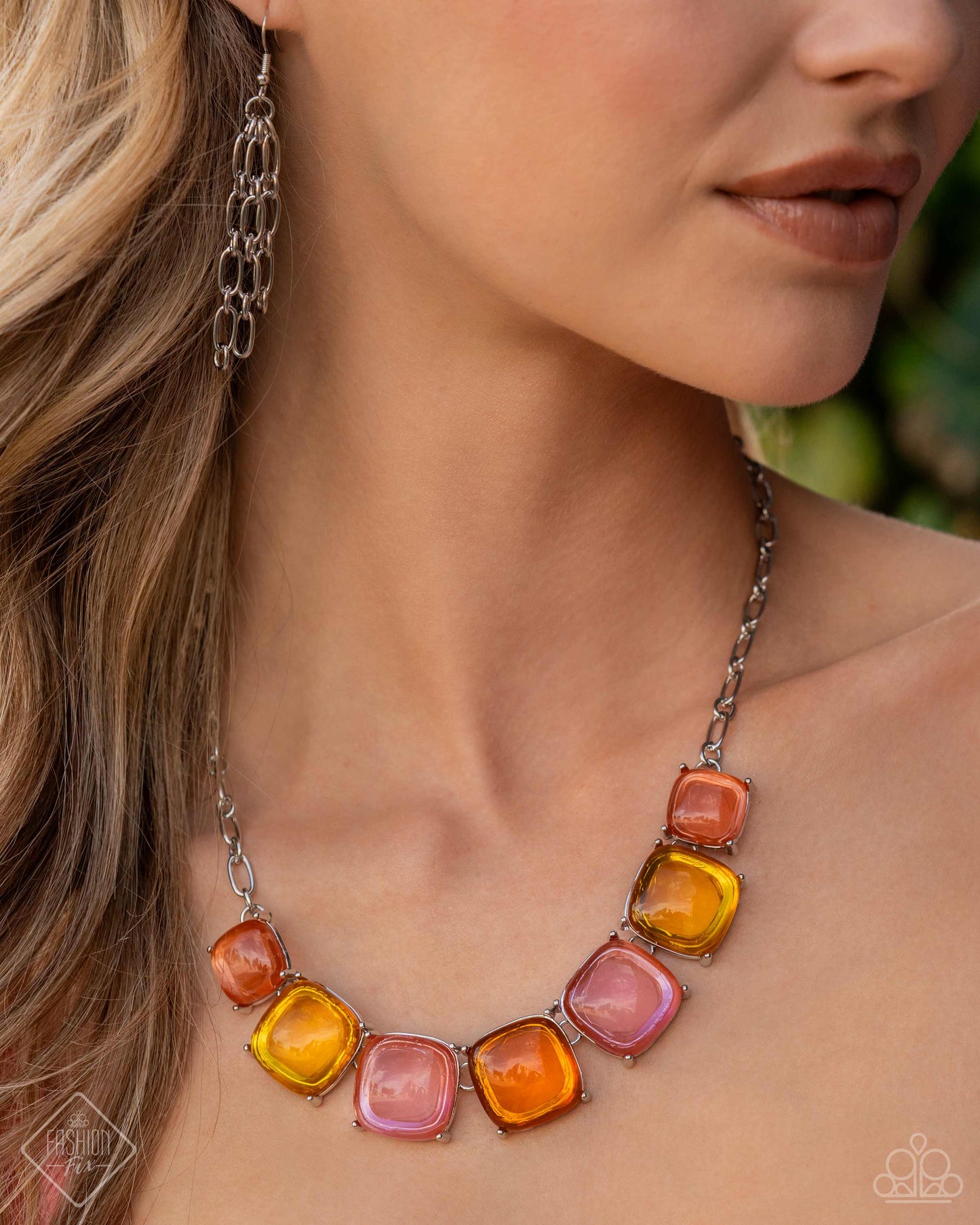 Reflective Range - Multi Orange Pink Yellow Square Silver Short Necklace - Fashion Fix