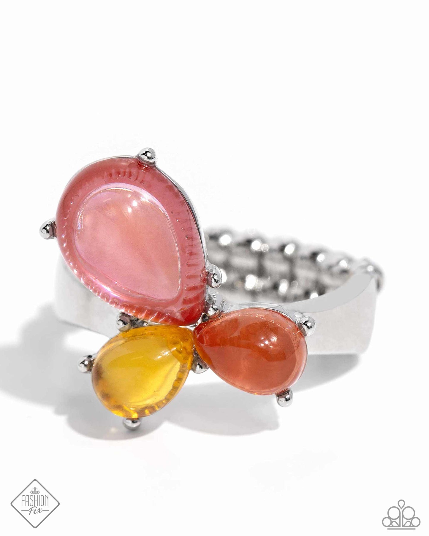 Reflective Ranking - Multi Orange Pink Yellow Bead Silver Ring - Fashion Fix