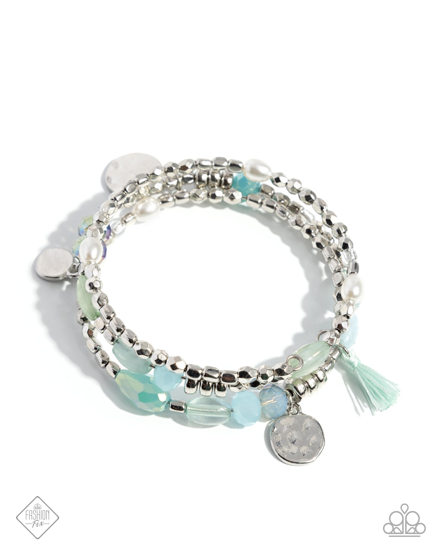 PERFECT MATCH / SET: Refreshing Rapture - Blue Geen Silver Bead Earrings AND Refreshing Revel - Blue Green Silver Bead Coil Bracelet - Fashion Fix