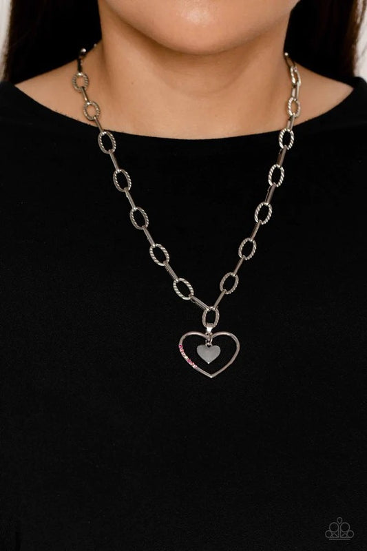 Refulgent Romance - Pink Iridescent Rhinestone Silver Heart Paper Clip Chain Necklace