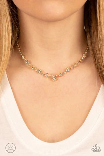 Regal Rebel - Gold with White Rhinestone Choker Necklace