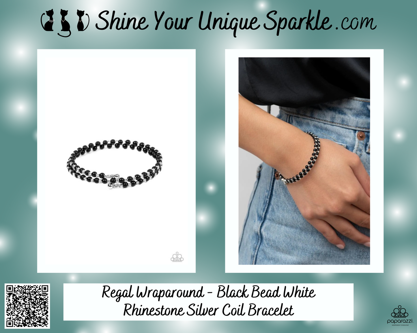 Regal Wraparound - Black Bead White Rhinestone Silver Coil Bracelet