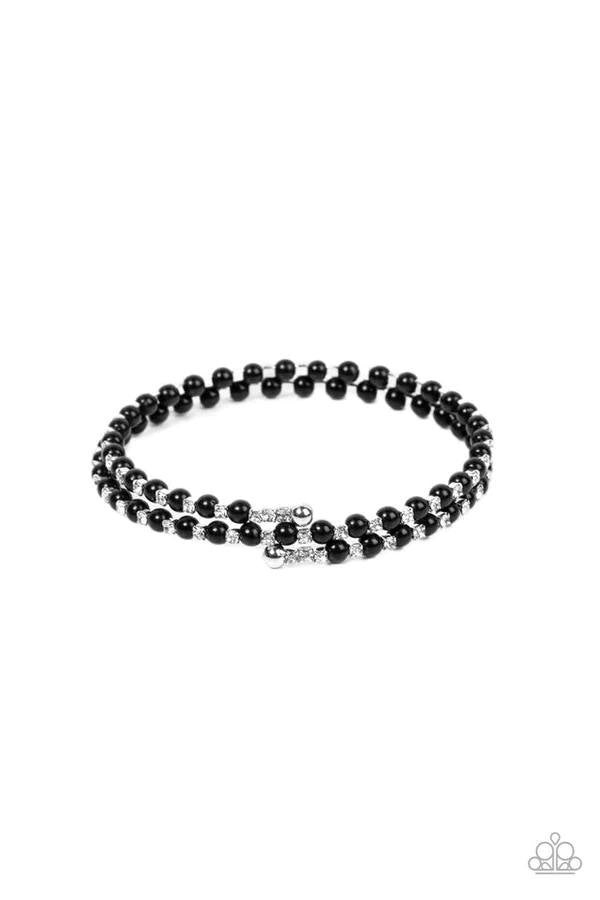 Regal Wraparound - Black Bead White Rhinestone Silver Coil Bracelet