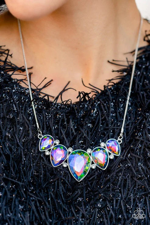 Regally Refined - Multi UV Shimmer Gem Silver Short Necklace - Life of the Party