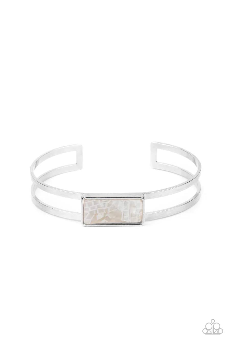 PERFECT MATCH / SET: South Beach Beauty - White Faux Shell Rhinestone Silver Medium Necklace AND Remarkably Cute and Resolute - White Acrylic Shell Rectangle Silver Frame Cuff Bracelet